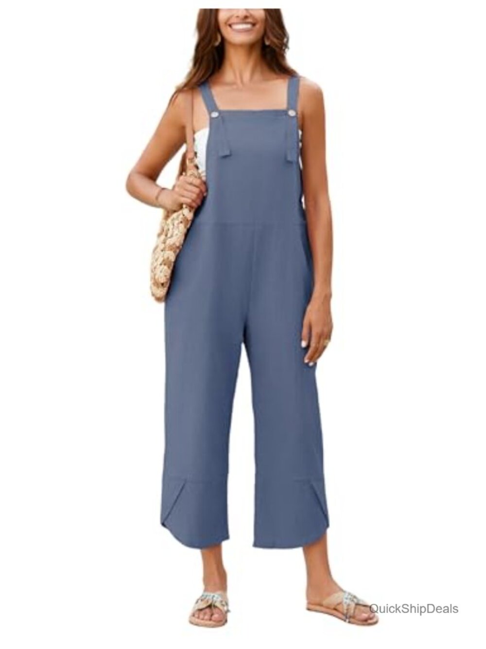 Women's Cotton Linen Bib Overalls Jumpsuit Adjustable Pockets